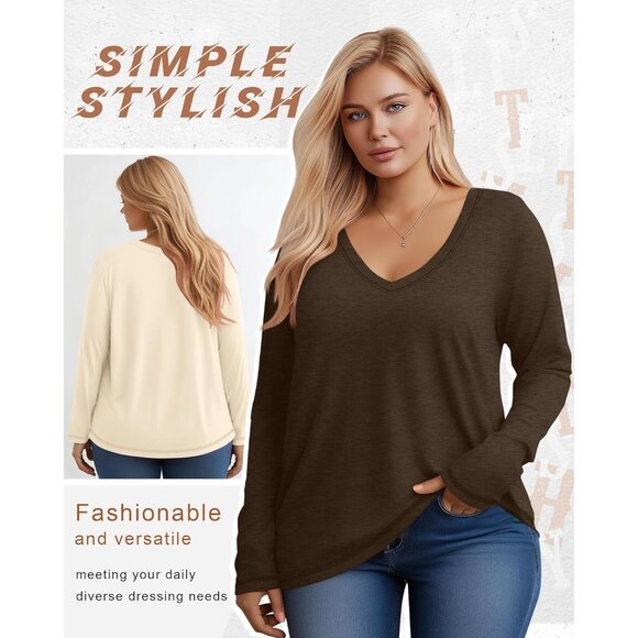 Women's Plus Size T Shirts 3 Pack Long Sleeve V Neck Casual Soft Tops - Picture 2 of 6